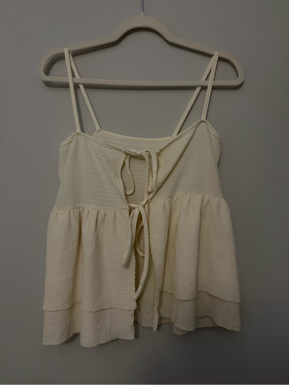Cream Tie-Front Textured Spaghetti Strap Camisole